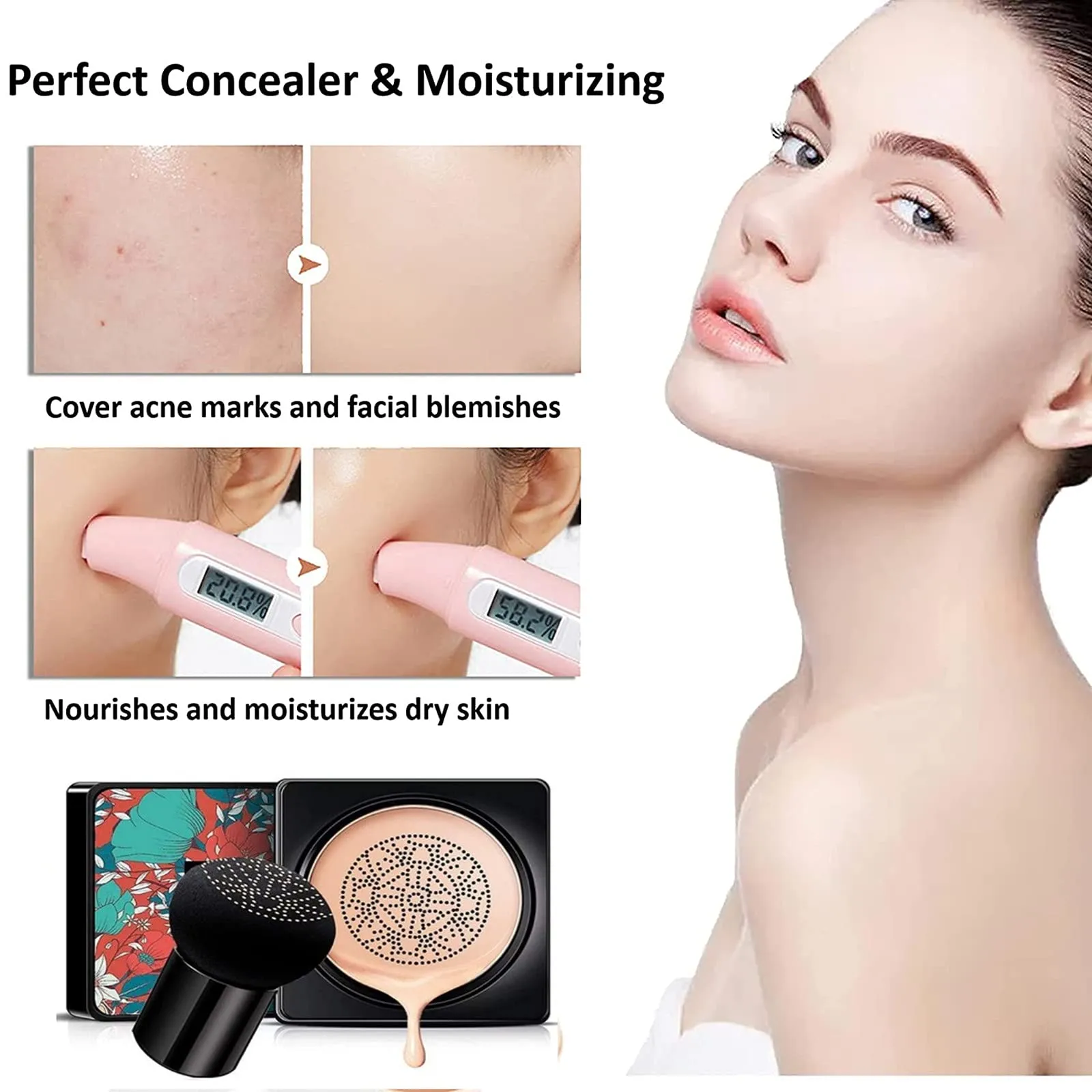 AONAT Mushroom Head Air Cushion Foundation BB Cream, Moisturizing Concealer, Even Skin Tone Makeup Base Flawless Moisturizing Oil Control Lightweight & Smoothing Naturel