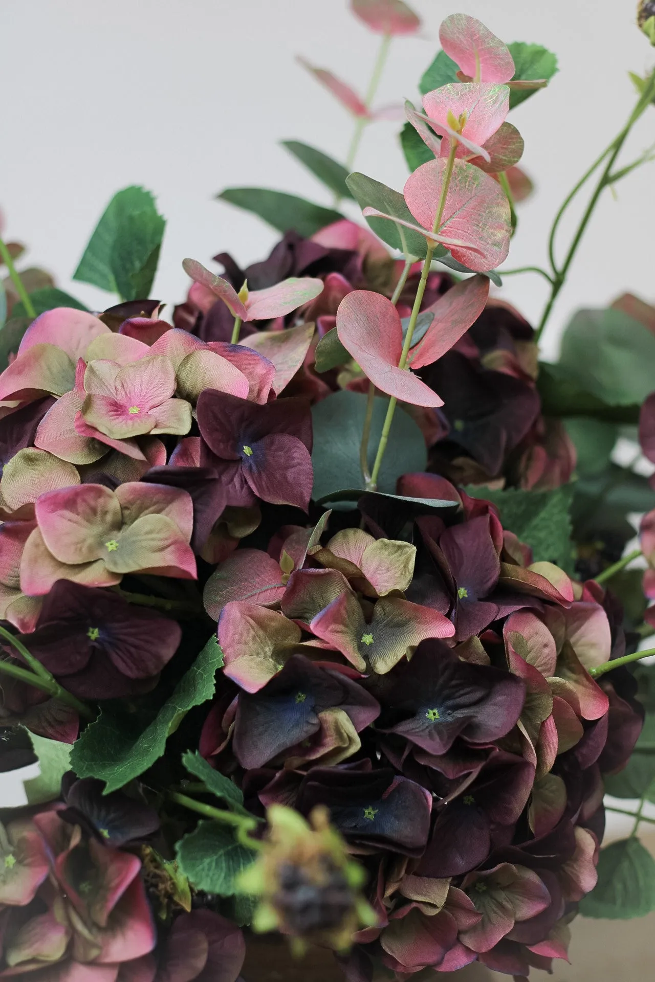 Faux Fig and Olive Hydrangea with Blush Eucalyptus and Blackberries Arrangement