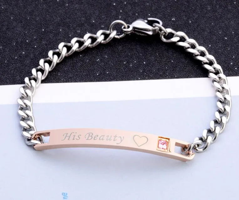 His Queen Her King Black Rose Gold Color Women's Male Chain Crystal Couple Bracelet