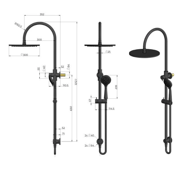 Meir Gooseneck Shower Set with 300mm rose, Three-Function Hand Shower Brushed Nickel