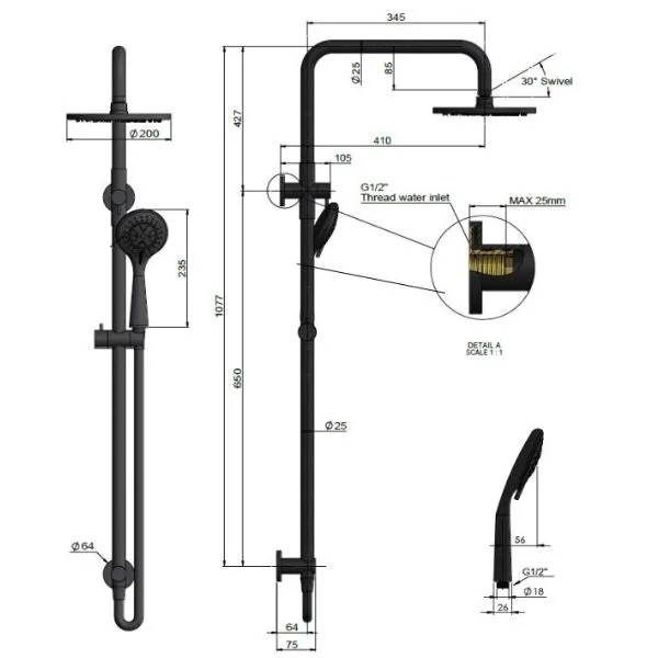 Meir Round Combination Shower Rail 200mm, 3 Function Hand Shower Chrome