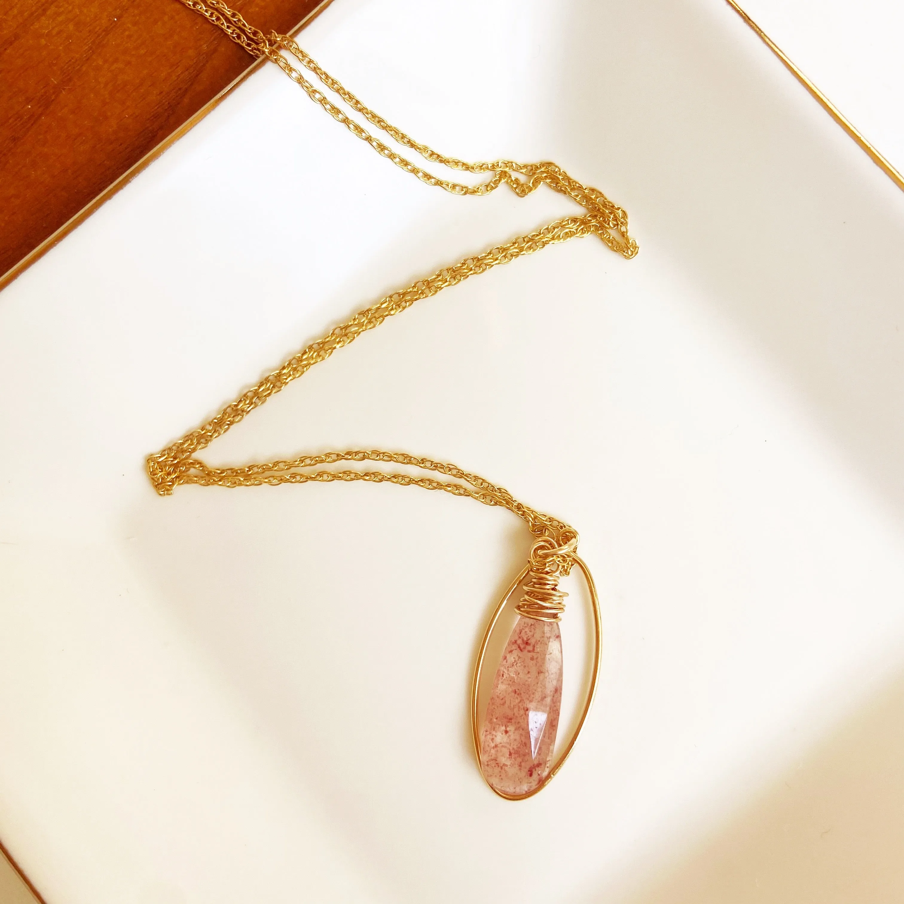 Strawberry Quartz Geometric Pendant Necklace in Silver or Gold (22 inches)