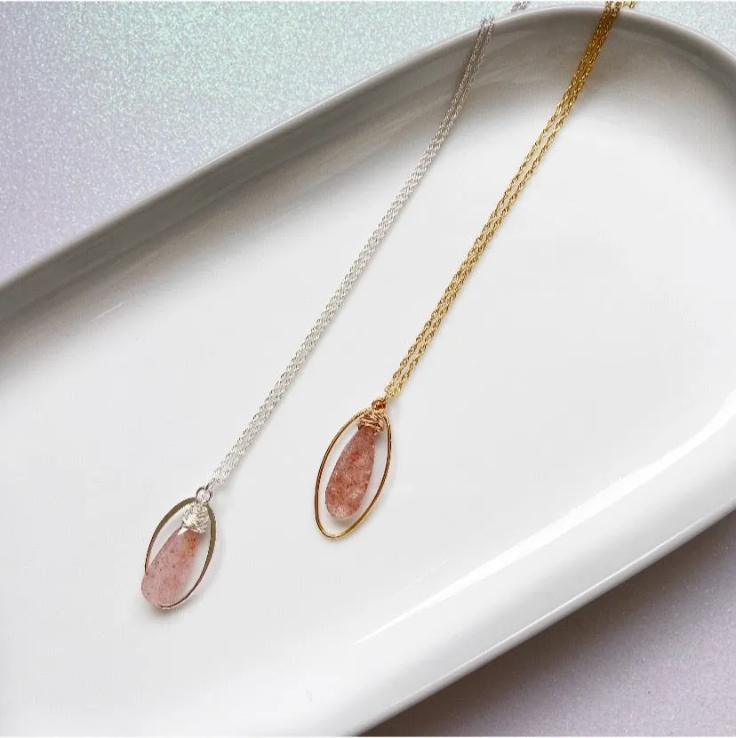 Strawberry Quartz Geometric Pendant Necklace in Silver or Gold (22 inches)