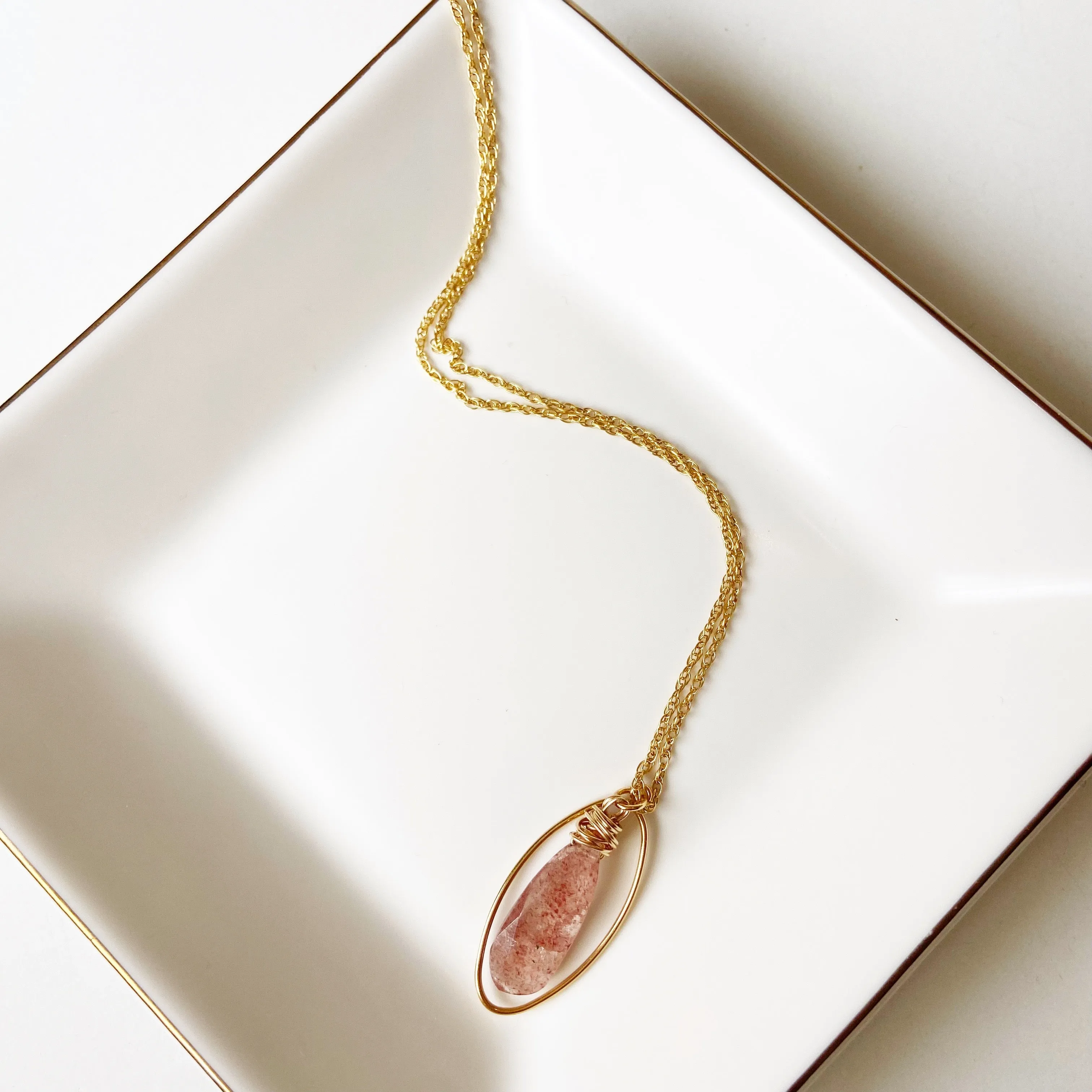 Strawberry Quartz Geometric Pendant Necklace in Silver or Gold (22 inches)