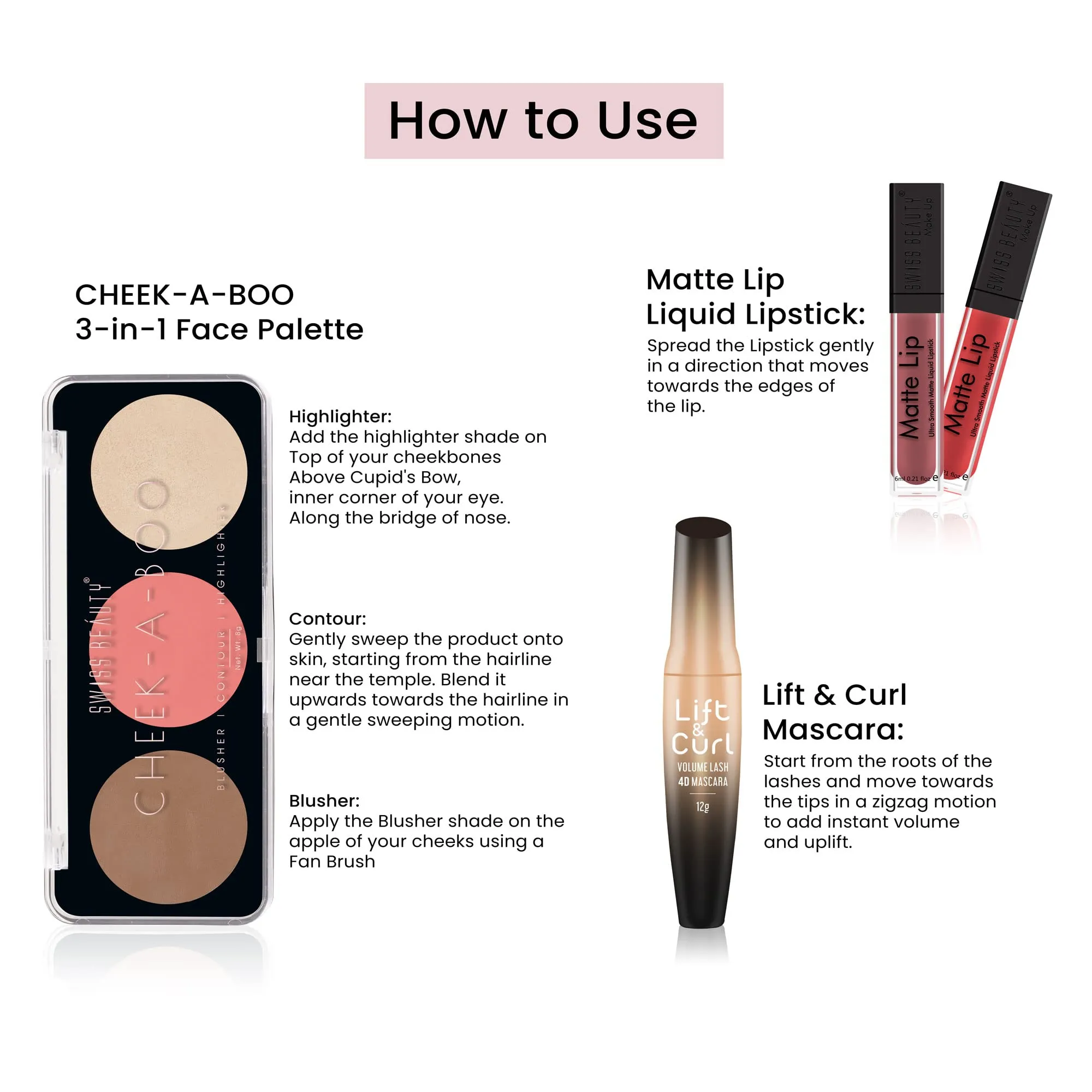 Swiss Beauty Love All Makeup Kit | 2 Waterproof Lipsticks, Volumizing & Curling Mascara, 3-In-1 Face Palette with Bronzer, Highlighter and Blush| Makeup Gift Set