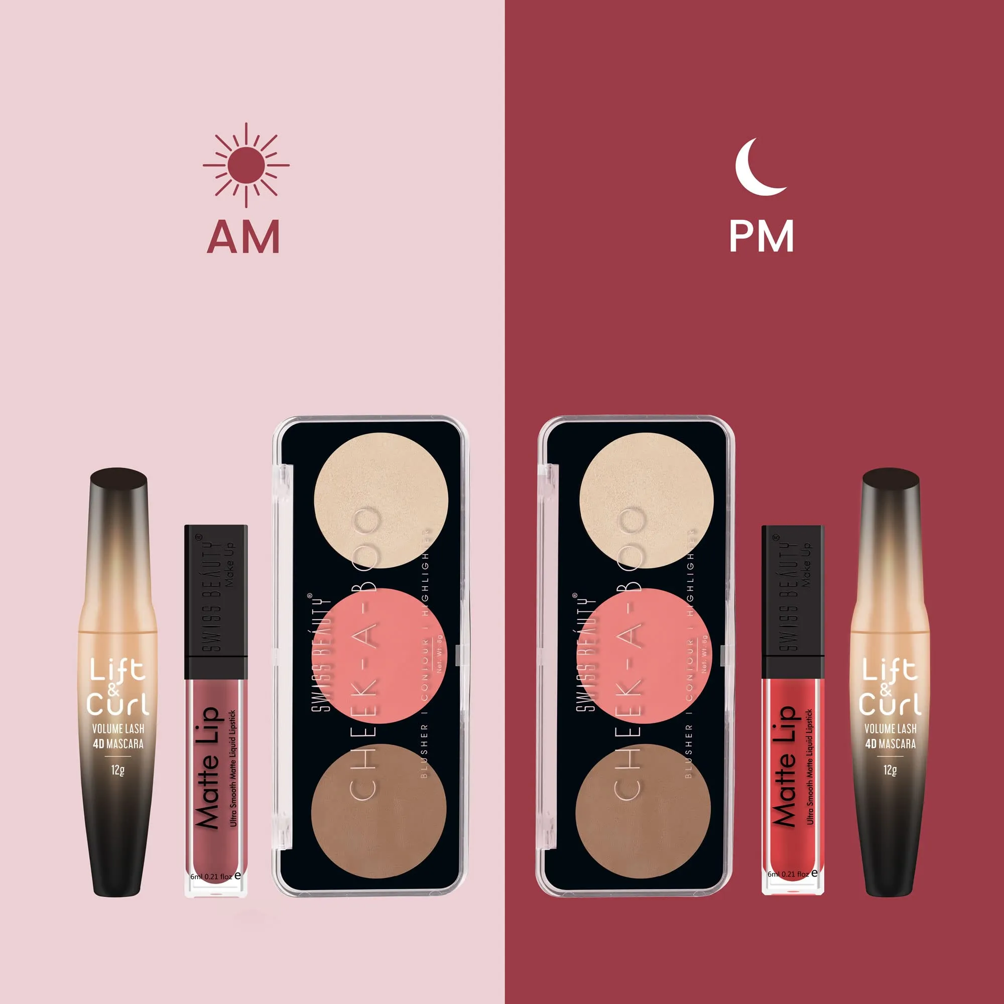 Swiss Beauty Love All Makeup Kit | 2 Waterproof Lipsticks, Volumizing & Curling Mascara, 3-In-1 Face Palette with Bronzer, Highlighter and Blush| Makeup Gift Set