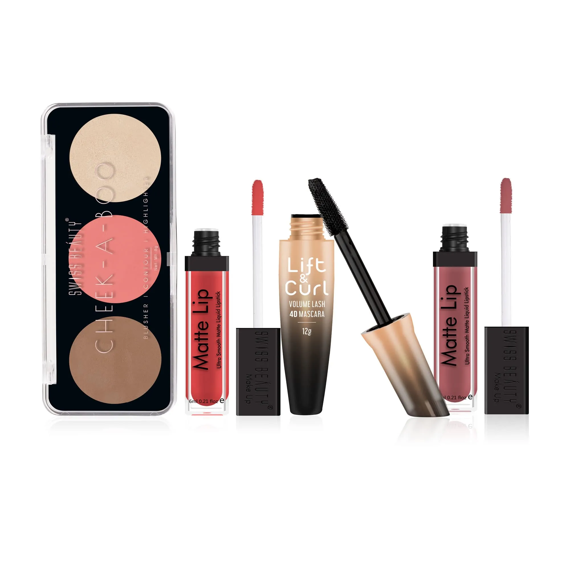 Swiss Beauty Love All Makeup Kit | 2 Waterproof Lipsticks, Volumizing & Curling Mascara, 3-In-1 Face Palette with Bronzer, Highlighter and Blush| Makeup Gift Set