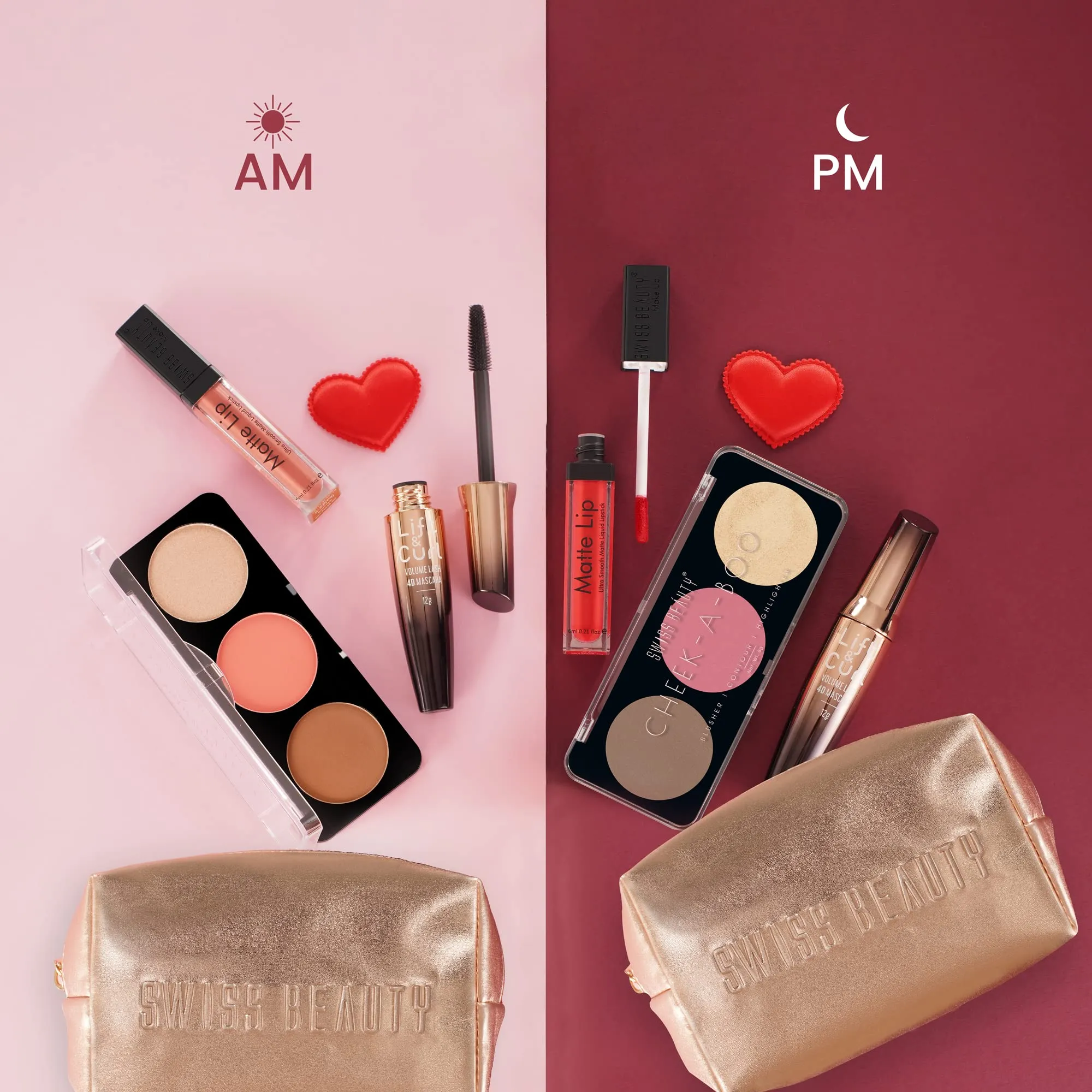Swiss Beauty Love All Makeup Kit | 2 Waterproof Lipsticks, Volumizing & Curling Mascara, 3-In-1 Face Palette with Bronzer, Highlighter and Blush| Makeup Gift Set